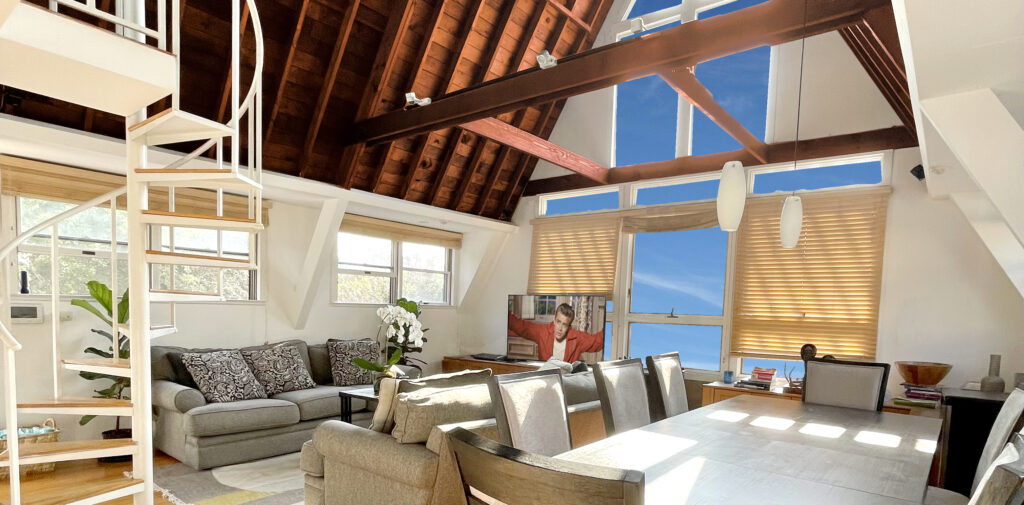 Fire Island Pines Home Living room, Dining room vaulted ceilings