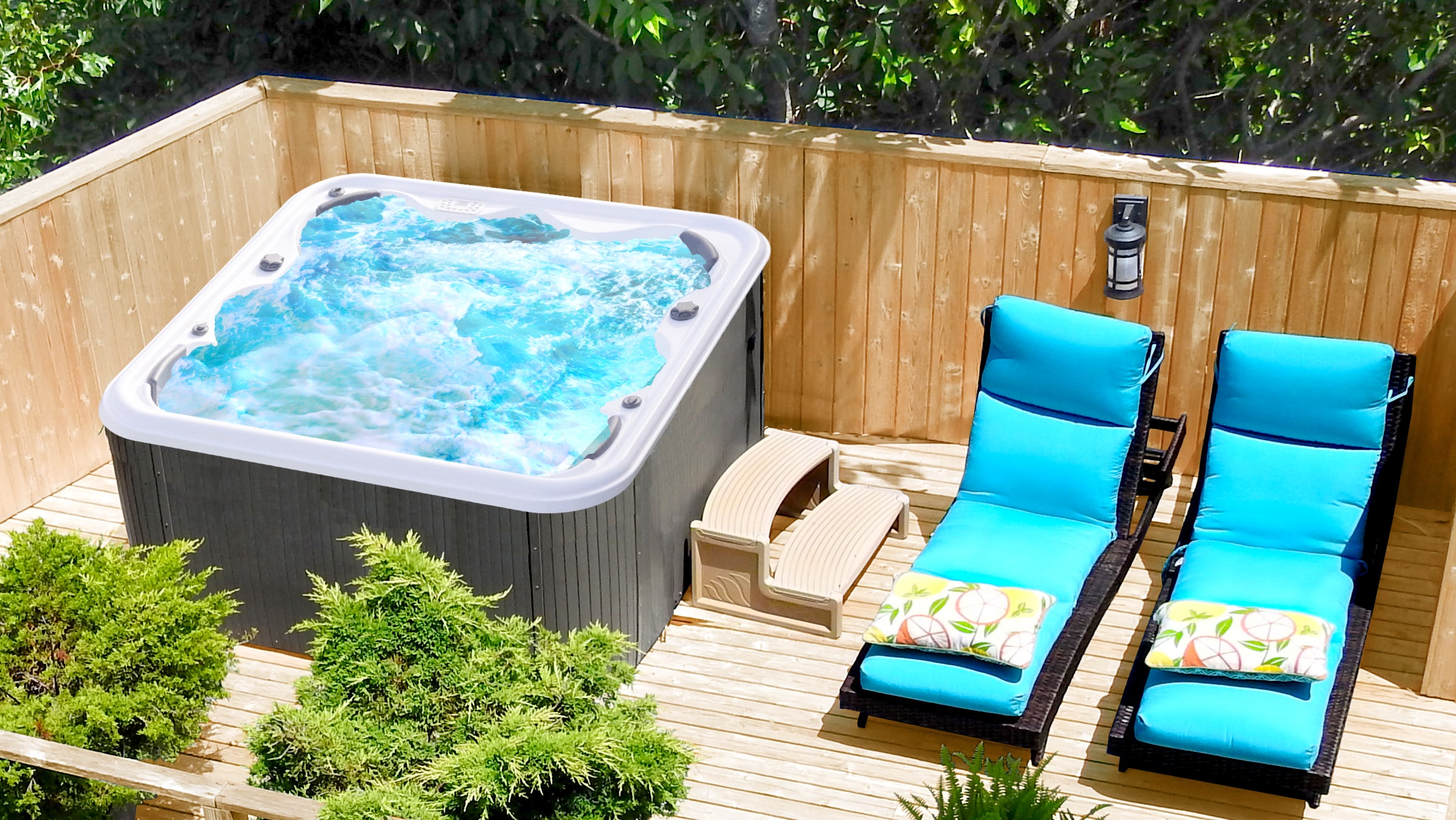 Bubbling water in the brand-new, private Hot Tub on our Sauna Deck