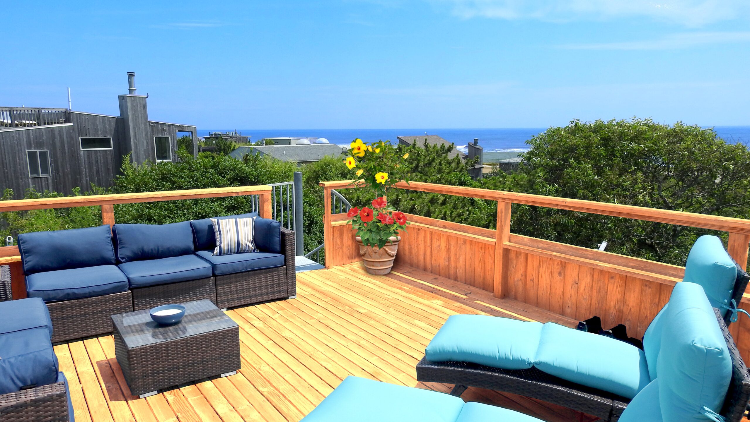 A 360˚ panoramic deck high atop our a-frame vacation rental home where you can enjoy sweet ocean breezes and view all sides of the Fire Island Pines!